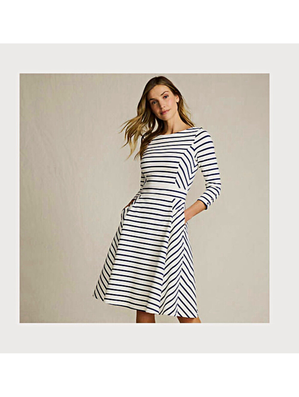 Lands' End Starfish Striped A-Line Knee Dress 3/4 Sleeve Boat Neck Zip Pockets L